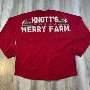 Knott's Merry Farm Spirit Jersey XL Red White Christmas Holidays Glitter Snow